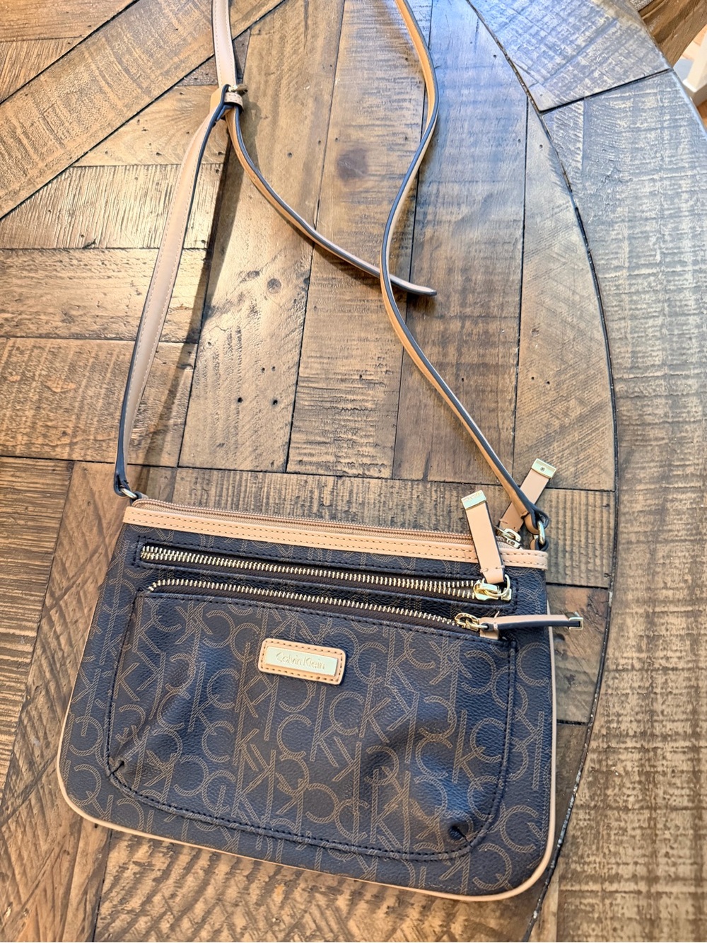 Calvin Klein Monogram Sljm Profile Brown & Tan Signature Logo Crossbody Bag
